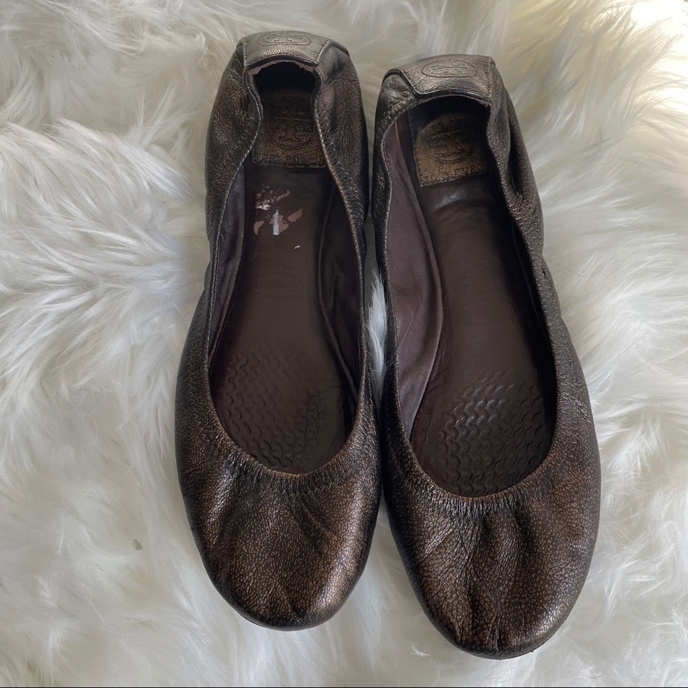 Tory Burch Eddie bronze flats lamb skin metallic
